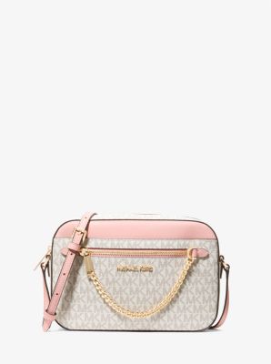 Michael Kors Jet Set Travel Small Shoulder Messenger Crossbody Bag (Powder Blush Signature/Gold Tone)