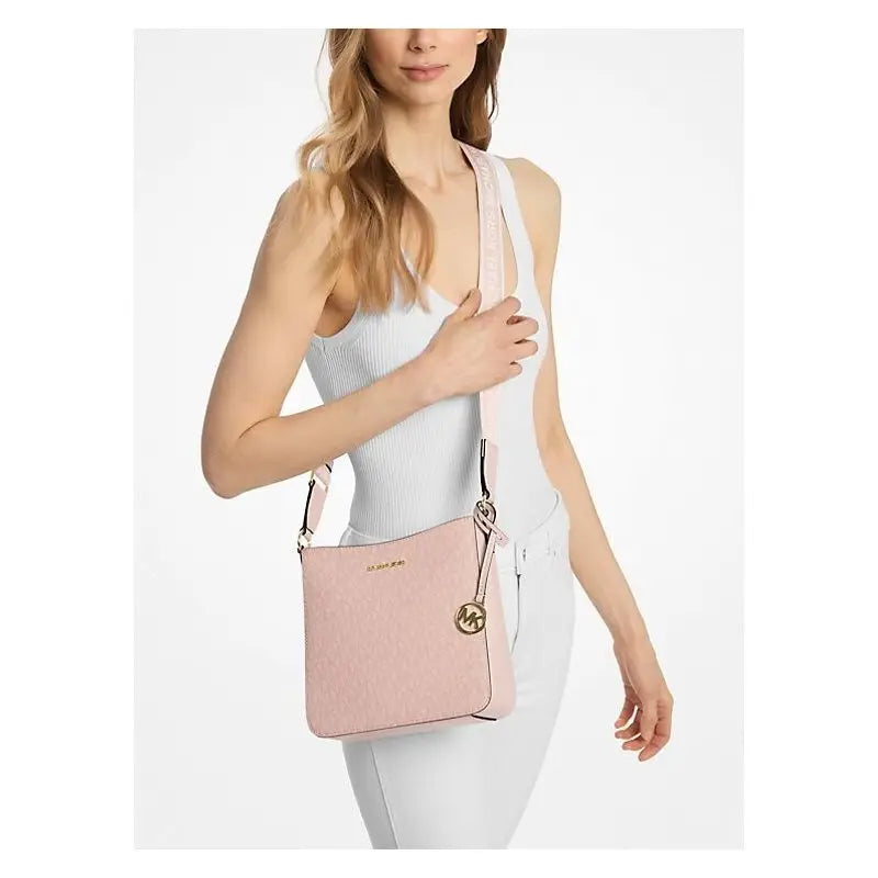 Michael Kors Jet Set Travel Small Shoulder Messenger Crossbody Bag (Powder Blush Signature/Gold Tone)