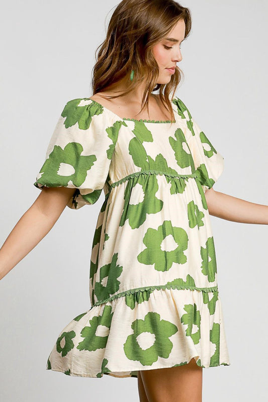 Umgee Full Size Contrast Floral Short Sleeve Mini Dress
