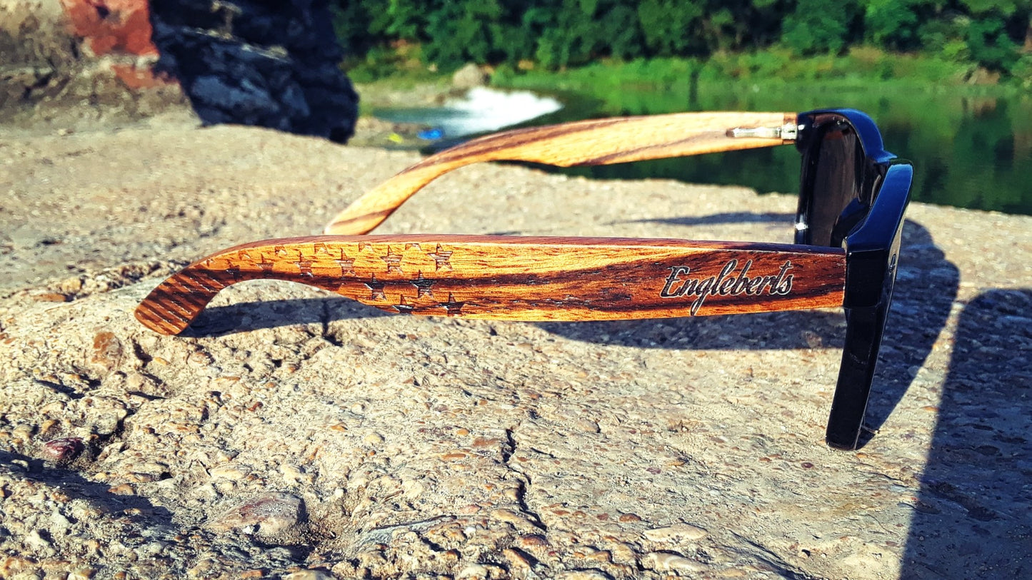 Zebrawood Sunglasses, Stars and Bars with Wooden Case