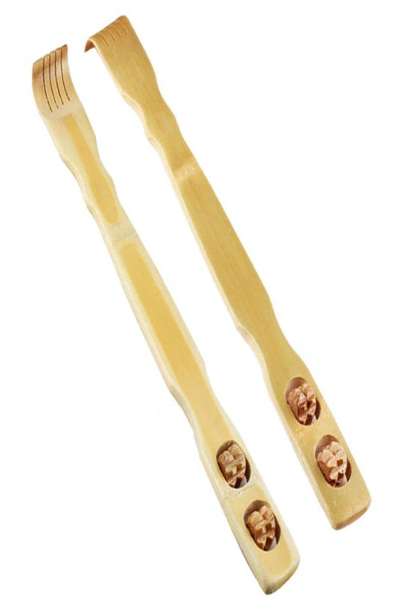 Bamboo Wood Back Scratcher with Double Wheel Massage Roller