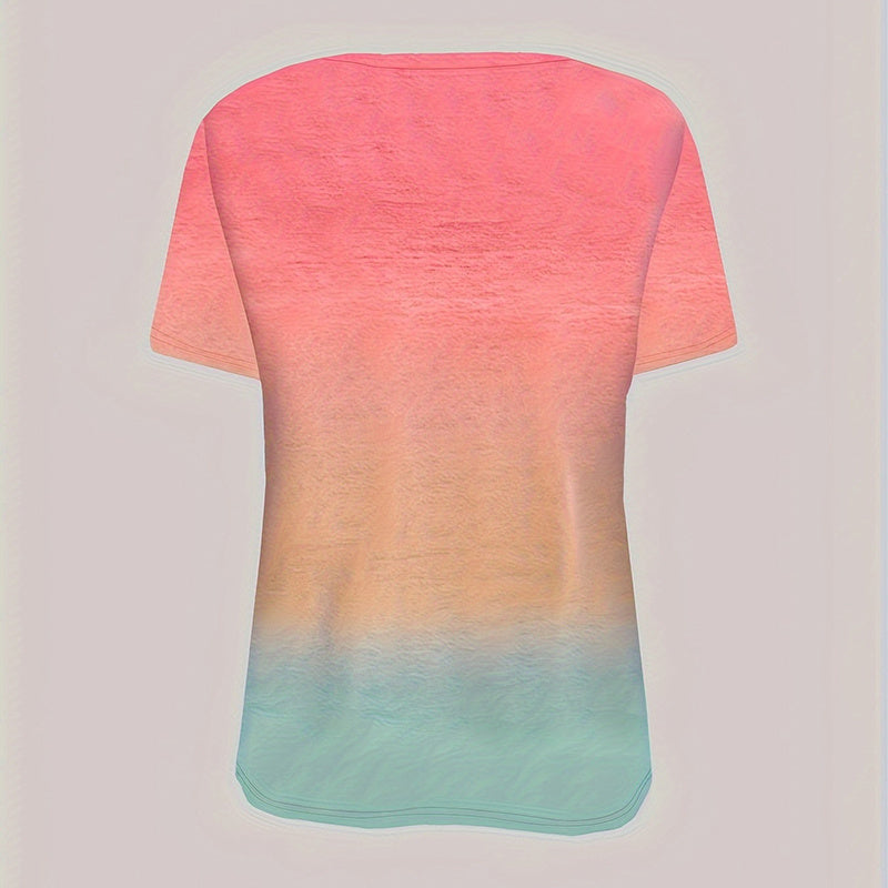 Ladies Gradient Color Round Neck T-Shirt Casual Short Sleeve