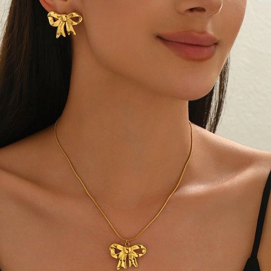 18K Gold Plated Bow Necklace Stud Earrings