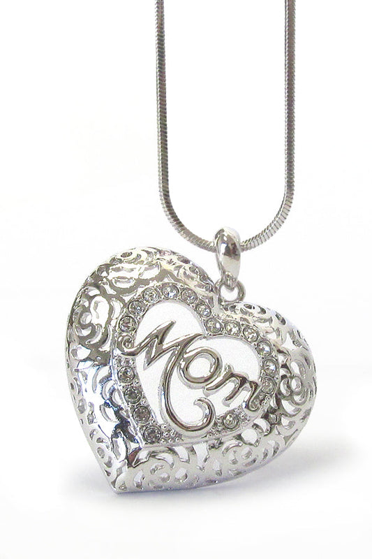 WHITEGOLD PLATING MOTHERS DAY CRYSTAL MOM HEART PENDANT
