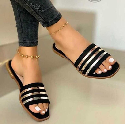 Fashion Slippers for Women Summer Slip on PU Ladies Flat Shoes Casual